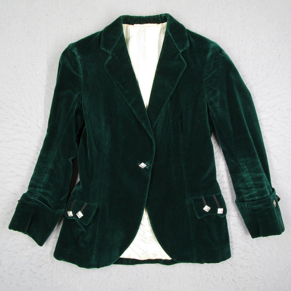 The Scotch House Vintage Green Velvet Blazer Jacket Heraldic Buttons Size 34